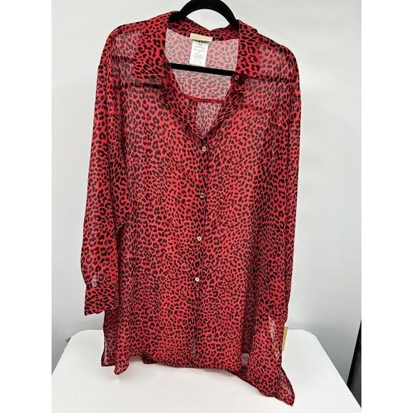 NWT Michael Kors MM29320 Sea Coral Sheer Leopard Button-Front Dress - Picture 3 of 8